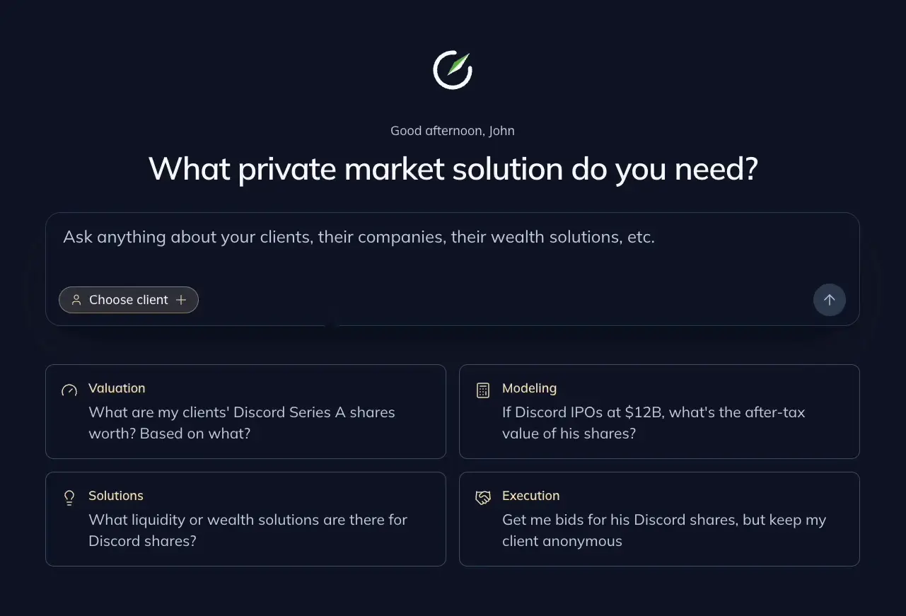 Compass assistant home screen asking what private market solution you need, with valuation, modeling, solutions and execution suggestions