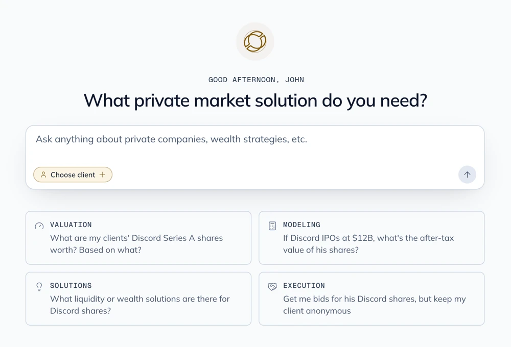 Compass assistant home screen asking what private market solution you need, with valuation, modeling, solutions and execution suggestions